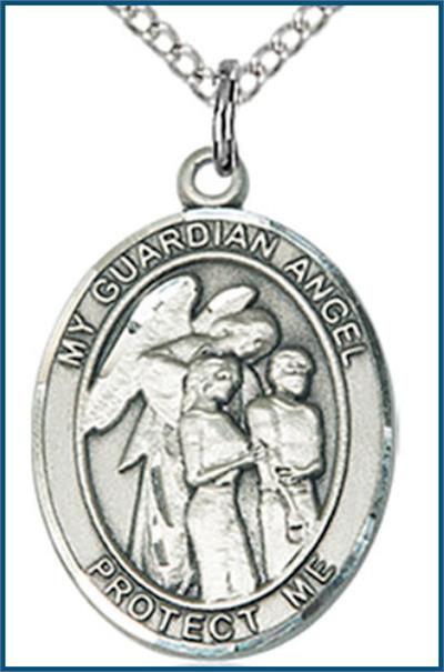 Sterling Silver Medal, 3/4"x9/16", Guardian Angel with Children, Your Choice of Chain, # 56783