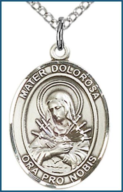 Sterling Silver Medal, 3/4"x9/16", Mater Dolorosa, Your Choice of Chain, # 56795