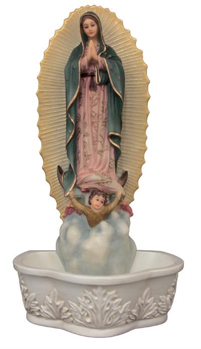 7.5" Our Lady of Guadalupe Holy Water Font, Full Color, Stands of Hangs, # 56994