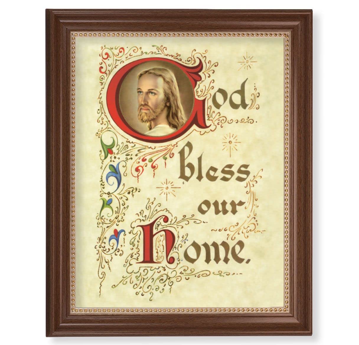 House Blessing Picture, 13-1/2"x16-9/16 Walnut Finish Frame with Gold Beaded Lip, Textured Italian Print # 25228