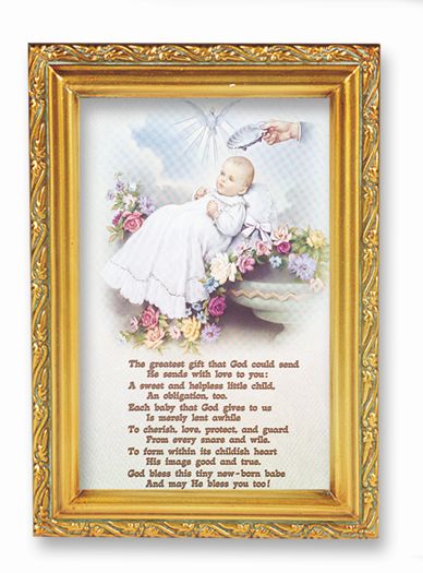Antique Gold Frame, 5.75"x7.25" overall, Under Glass, Baptism Blessing, # 57156