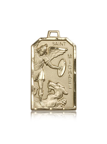1-1/8" x 11/16" St. Michael Medal Solid 14kt Gold, Free Chain, # 43575
