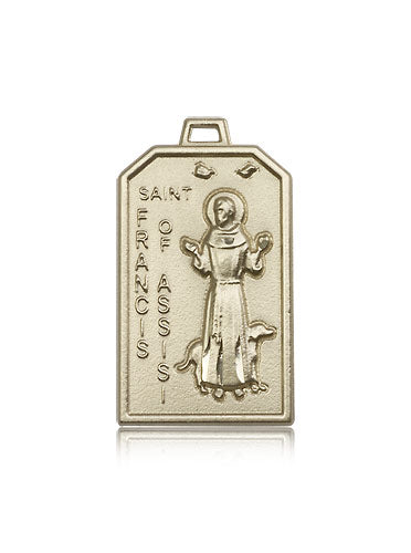 1-1/8" x 11/16" St. Francis Medal Solid 14kt Gold, Free Chain, # 96555