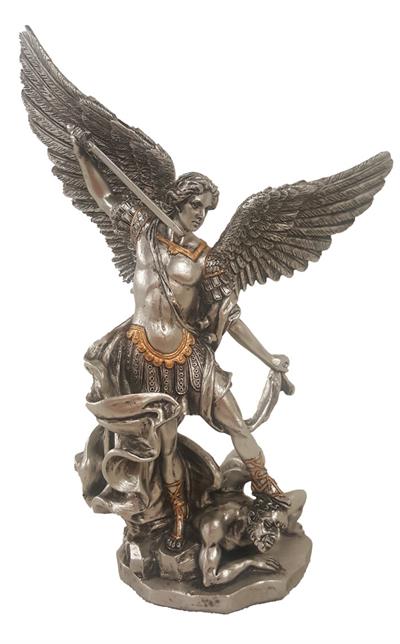 8" St. Michael Statue, Pewter Finish Resin with Gold Highlights #59