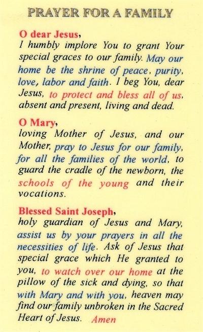 Prayer for a Family, Laminated Holy Card,. # 59006.