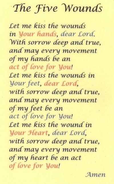 The Five Wounds Prayer, Laminated Holy Card,. # 59059.