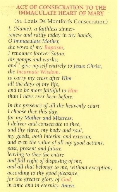 Act of Consecration to the Immaculate Heart of Mary, Laminated Holy Card,. # 59070.