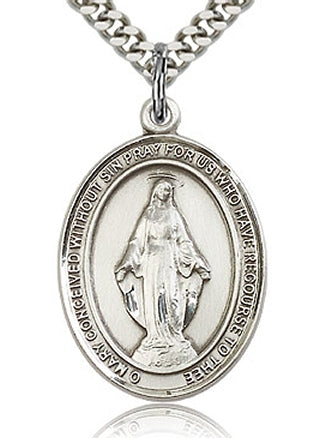 Double Border Miraculous Medal 1" Sterling, Your Choice of Chain, # 59226