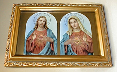 Antique Gold Frame, 5.75"x7.25" overall, Under Glass, Sacred Heart / Immaculate Heart, # 59613
