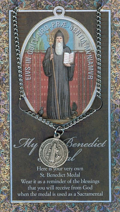 3/4" Round Pewter Medal with Folding Prayer Card, St. Benedict, # 59639