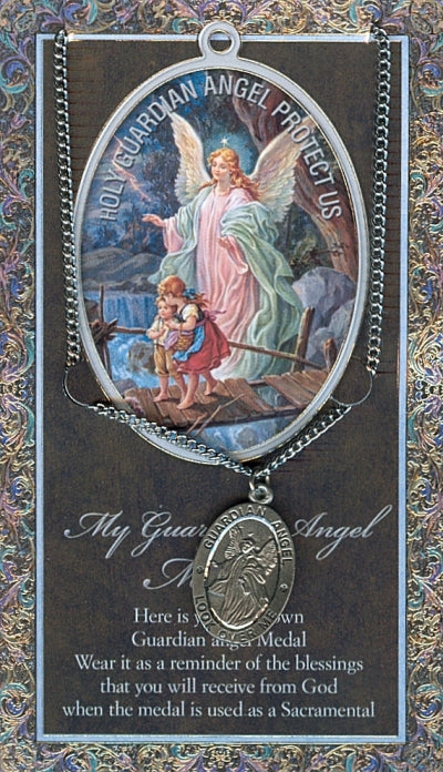 15/16" Pewter Medal with Folding Prayer Card, Guardian Angel, # 59645