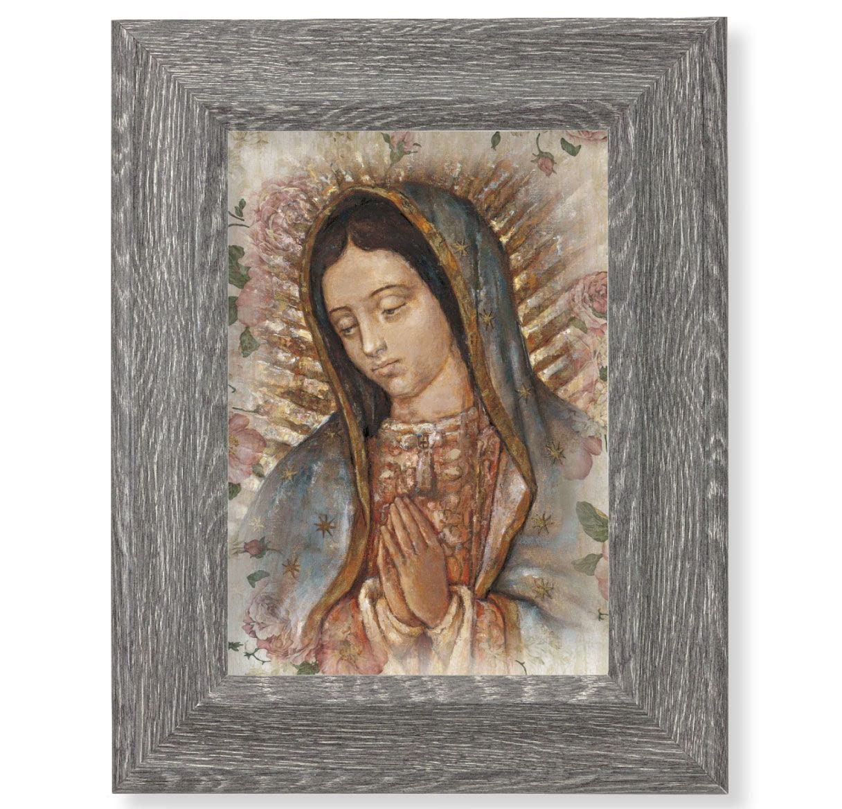 Our Lady of Guadalupe Print on Wood, 7-1/2"x9-1/2 Dark Gray Weathered Frame, Italian # 28046