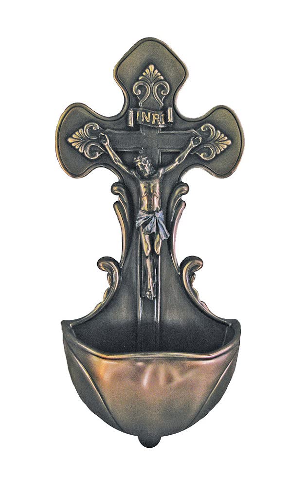 7.5" Cold Cast Bronzed Resin, Crucifix Holy Water Font, # 99394