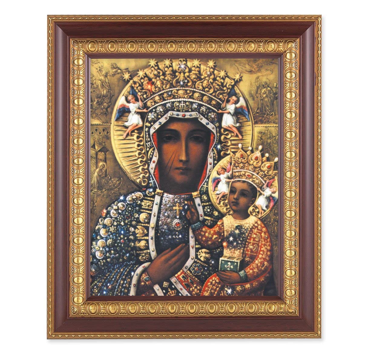 Our Lady of Czestochowa, 11-1/2"x13-1/2, Cherry Finish with Gold Egg & Dart Frame, Italian Print Under Glass # 26011