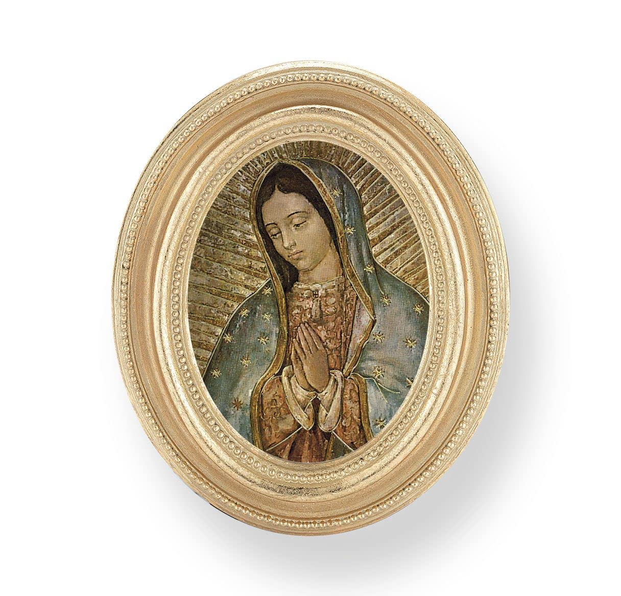 Our Lady of Guadalupe Picture, Gold Finish 3-3/4"x4-1/2 Oval Frame, Exclusive Gold Stamped Print Under Glass # 28414
