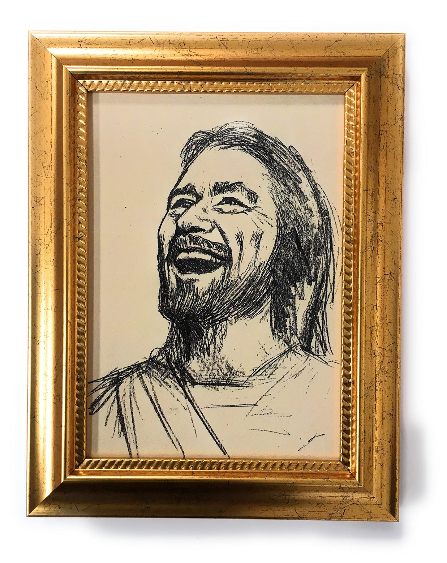 Segura: Laughing Jesus 6-3/4"x8-3/4 Antique Gold Frame with Rope Detail Lip, Textured # 27947