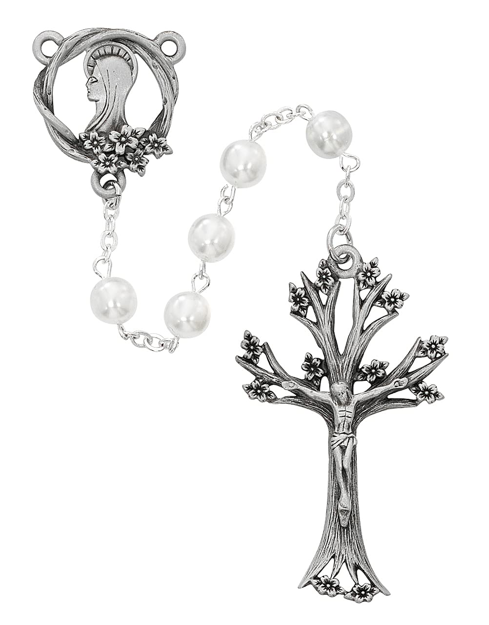 Our Lady's Rosary, 7mm Pearl Glass Beads, Pewter Center and 2-1/8" Tree Crucifix # 21195