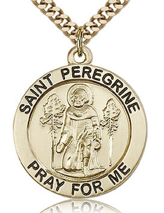 St. Peregrine Round Medal, 14kt Gold Filled, 15/16", Your Choice of Chain, # 60659