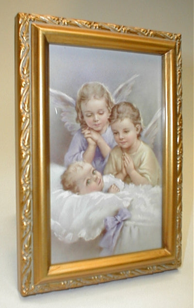 Antique Gold Frame, 5.75"x7.25" overall, Under Glass, Guardian Angels & Baby, # 6115