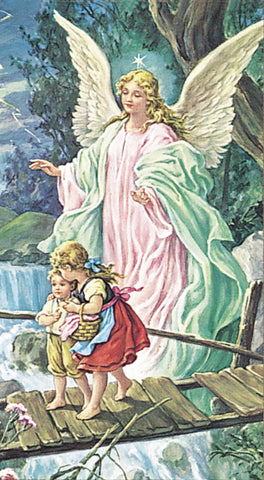 Italian Paper Holy Cards, 2"x4", Blank Back, Guardian Angel Crossing Bridge, 100-Pack, # 6120