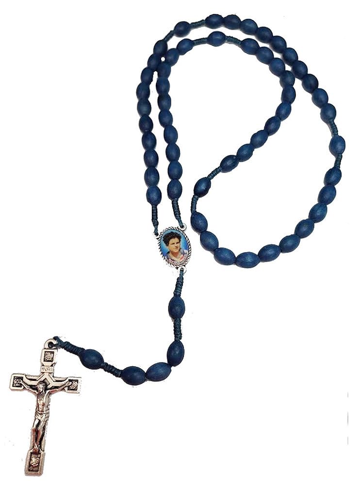Carlo Acutis Rosary, 10mm Blue Wood Beads, Photo Center, Metal Crucifix # 2871