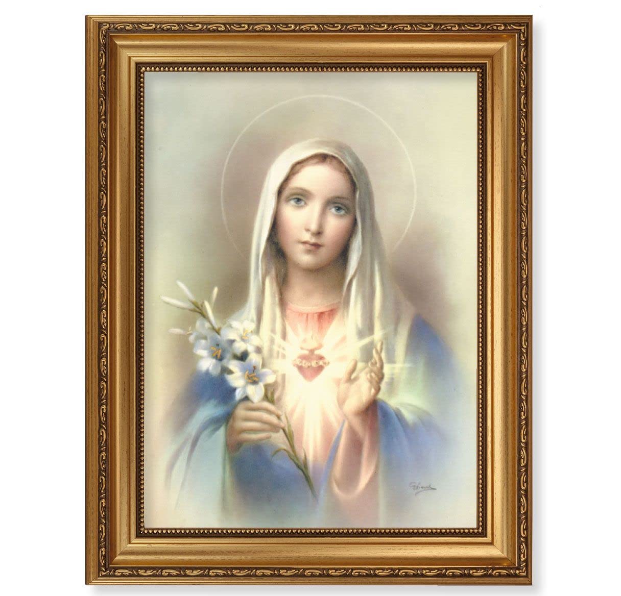 Immaculate Heart of Mary Picture, 15-1/2"x19-1/2 Antique Gold Leaf Frame, Acanthus-Leaf Trim, Beaded Lip, Textured Italian Print # 22168