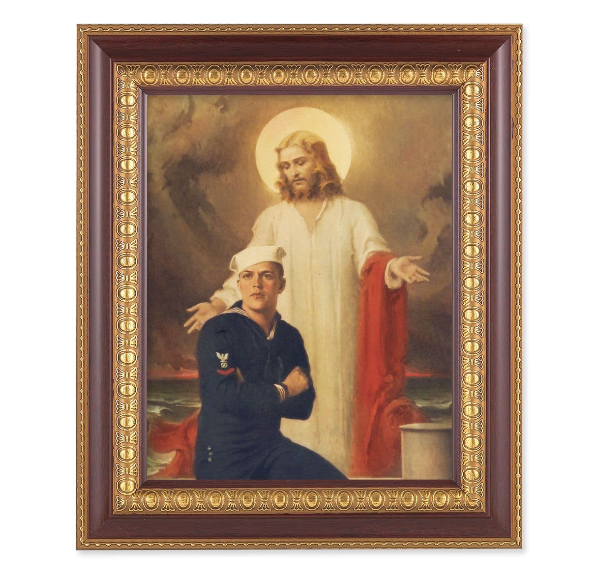 Chambers: Jesus Christ with Sailor, 11-1/2"x13-1/2, Cherry Finish with Gold Egg & Dart Frame, Italian Print Under Glass # 26133
