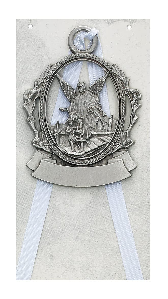 Guardian Angel Crib Medal with White Ribbon, Fine Pewter, 2-Count Value Pack 2-1/2" # 21563