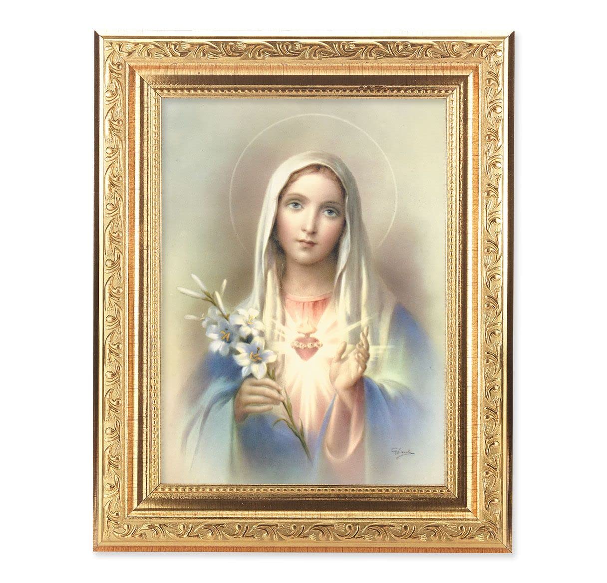Immaculate Heart of Mary Picture, 8-1/4"x10-1/4 Gold-Leaf Finish Acanthus Leaf Detail Under Glass # 27692