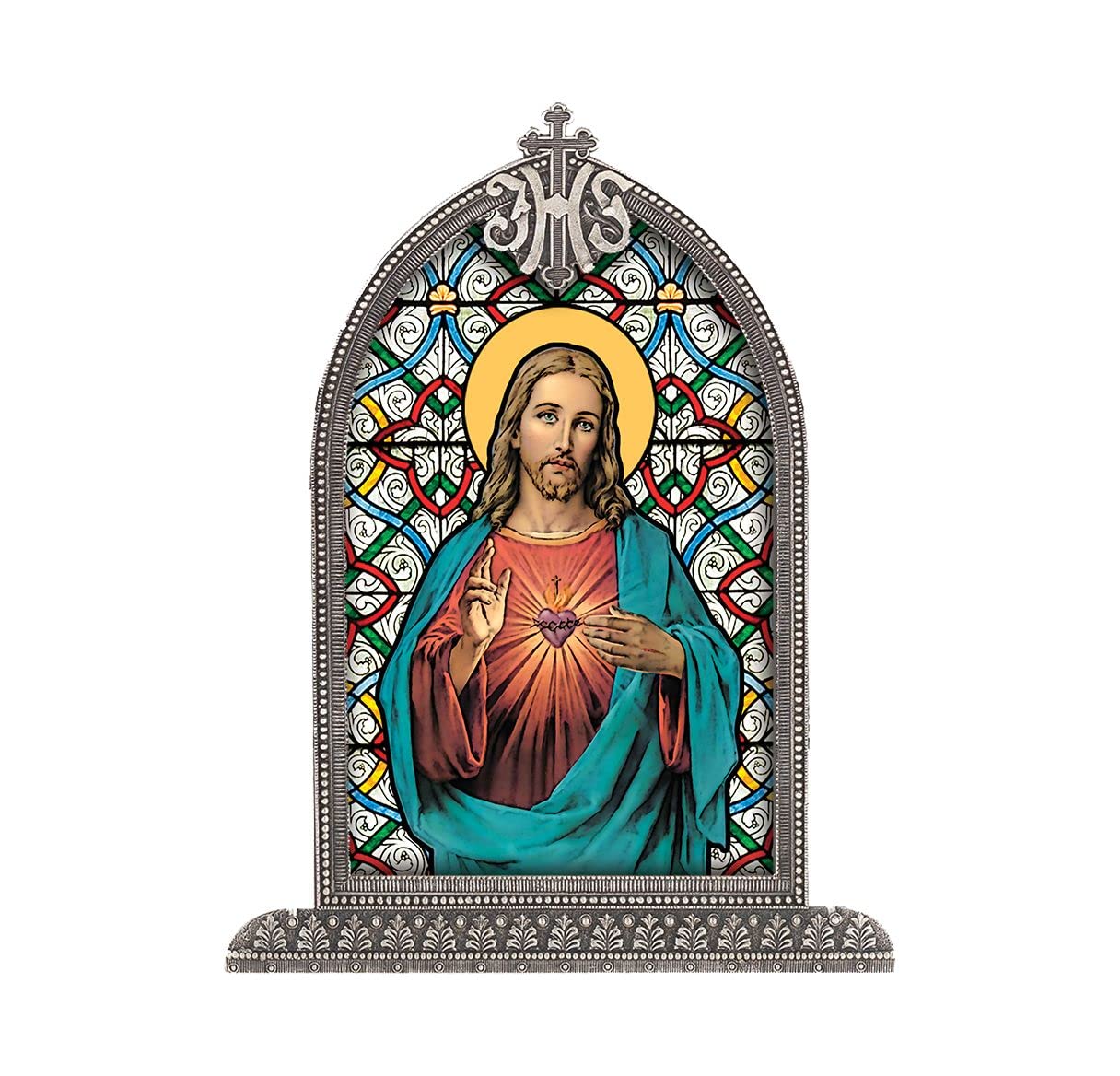 Sacred Heart Textured Italian Art Glass in Arched Frame, 6.5", # 1389