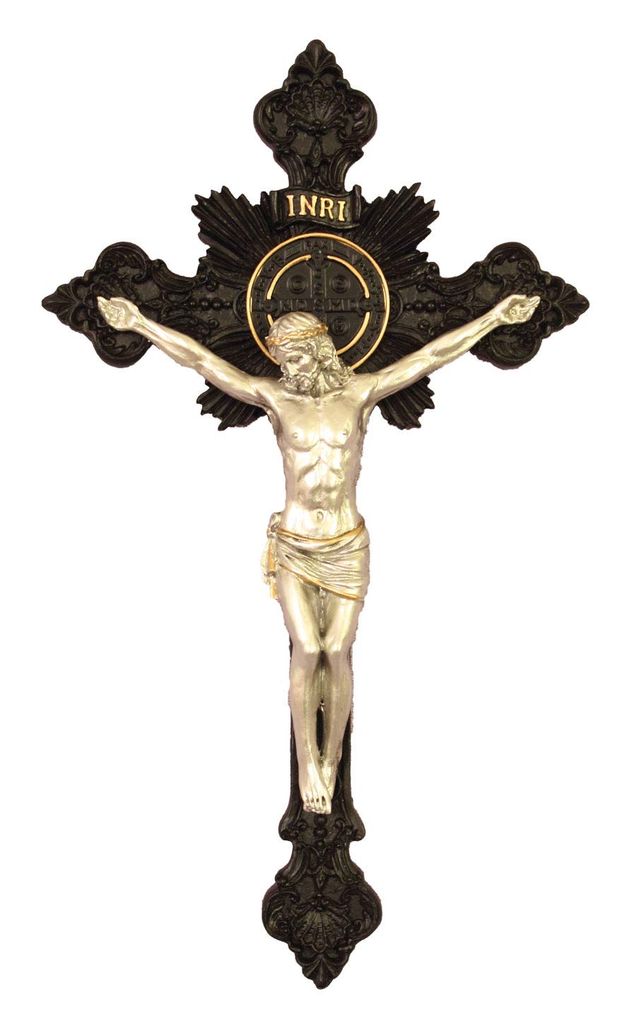 7-3/4" St. Benedict Crucifix, Blackened Resin w/ Pewter Finish Figure, # 7345