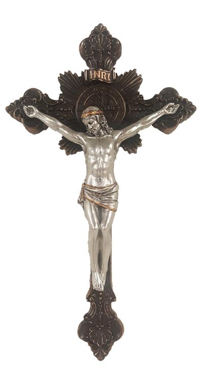 7-3/4" St. Benedict Crucifix, Bronzed Resin w/ Pewter Finish Figure, #64