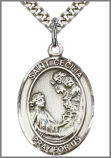 St. Cecilia Medal, Sterling Silver, 1"x3/4", Your choice of chain, # 64006