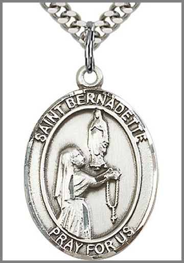 St. Bernadette Medal, Sterling Silver, 1"x3/4", Your Choice of Chain, # 64007