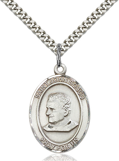 1"x3/4" Sterling Silver St. John Bosco Medal, 24" Chain, # 64014-sale