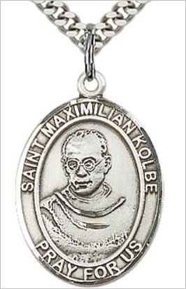 1"x3/4" Sterling Silver St. Maximilian Kolbe Medal, 24" Chain, # 64016-sale