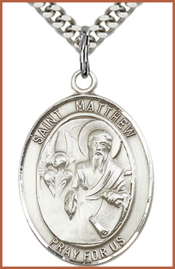 1"x3/4" Sterling Silver St. Matthew the Apostle Medal, Your Choice of Chain, # 64017