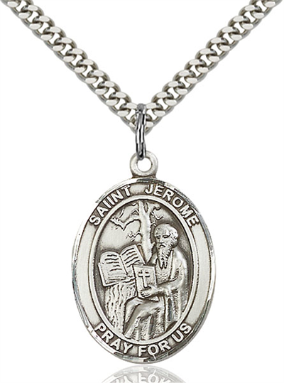 1"x3/4" Sterling Silver St. Jerome Medal, Your Choice of Chain, # 64031