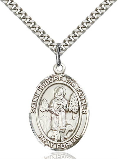 1"x3/4" Sterling Silver St. Isidore the Farmer Medal, Your Choice of Chain, # 64049