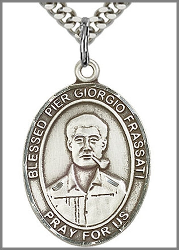 Blessed Pier Giorgio Frassati Medal, Sterling Silver, 1"x3/4", 24" Chain, # 64051-sale