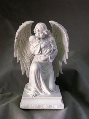 7.25" Seated Angel with Baby Memorial Statue, White Resin, # 64141