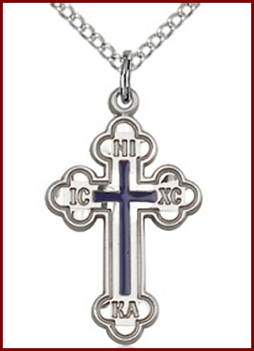 Russian Cross, 7/8", Sterling Silver, Blue Enamel, Your Choice of Chain, # 64263