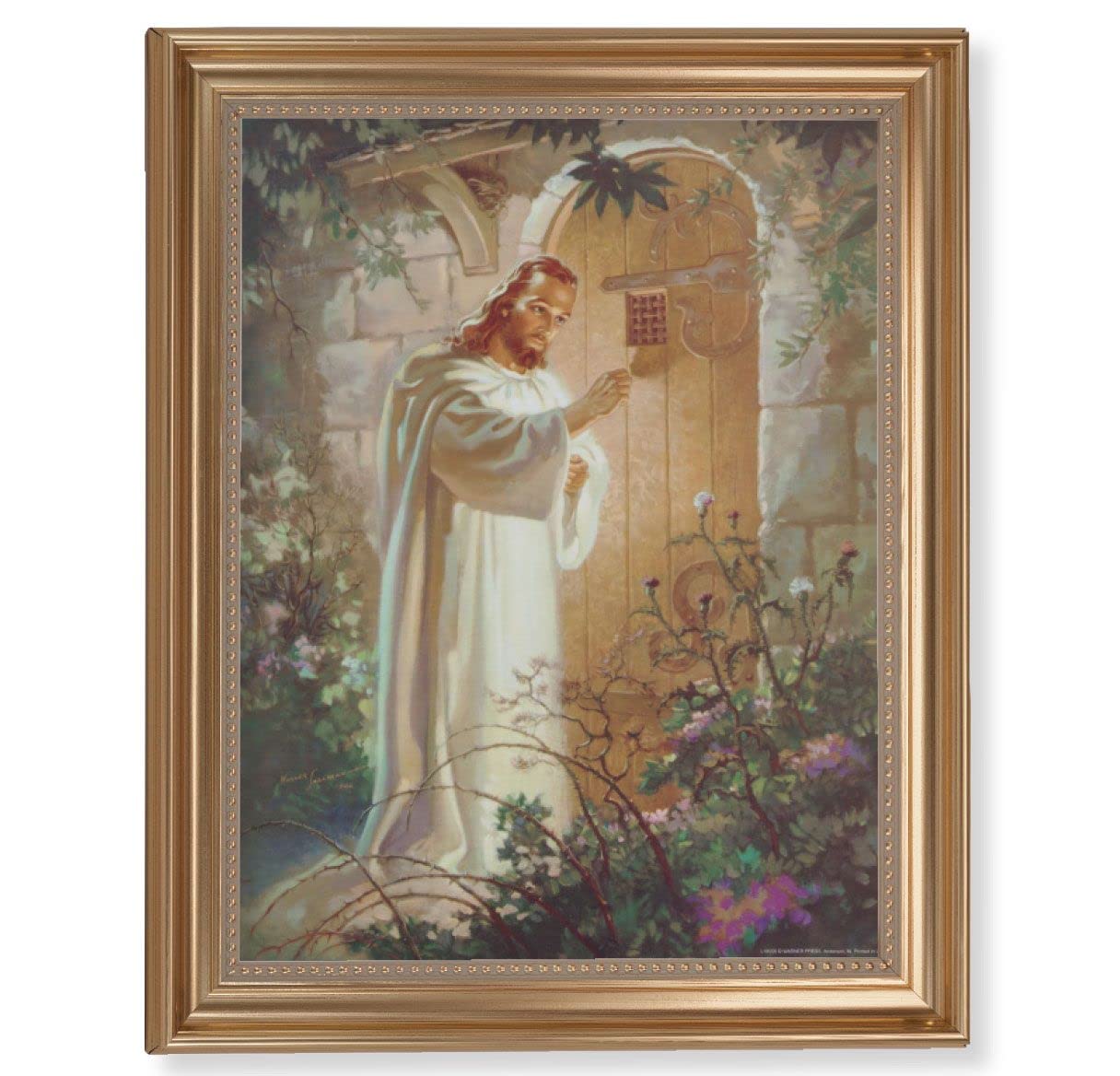 Sallman: Christ Knocking Picture, 13-1/2"x16-9/16 Gold-Leaf Fluted Frame with Beaded Lip, Textured Italian Print # 25271