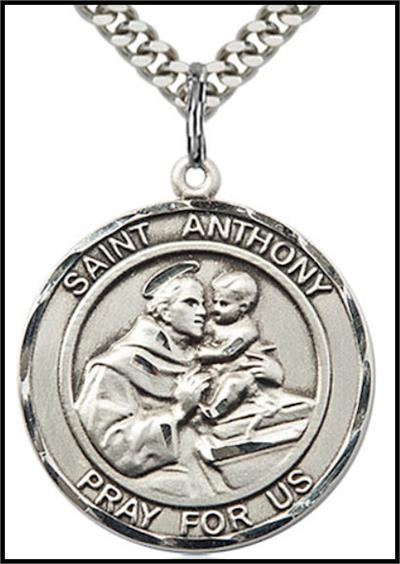 St. Anthony of Padua Sterling Silver Medal, 1" dia., Your Choice of Chain, # 64285