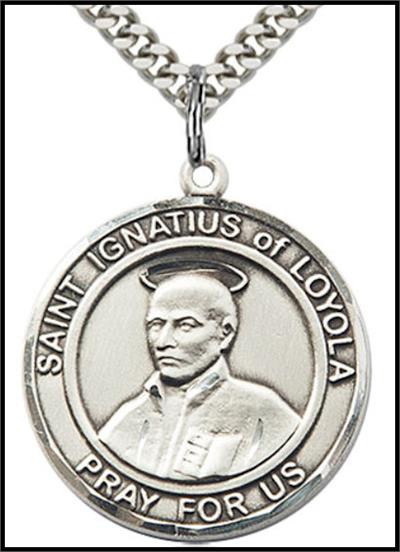 Saint Ignatius of Loyola Sterling Silver Medal, 1" dia., Your Choice of Chain, # 64309