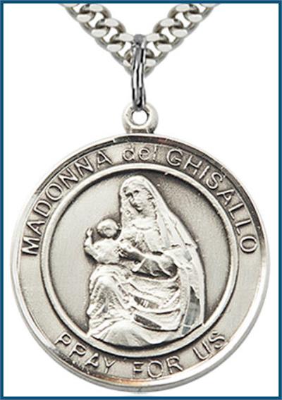 Our Lady of Ghisallo Sterling Silver Medal, 1" dia., Your Choice of Chain, # 64325