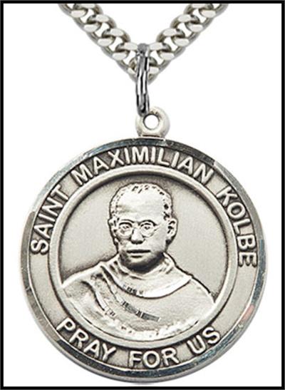 Saint Maximilian Kolbe Sterling Silver Medal, 1" dia., Your Choice of Chain, # 64331