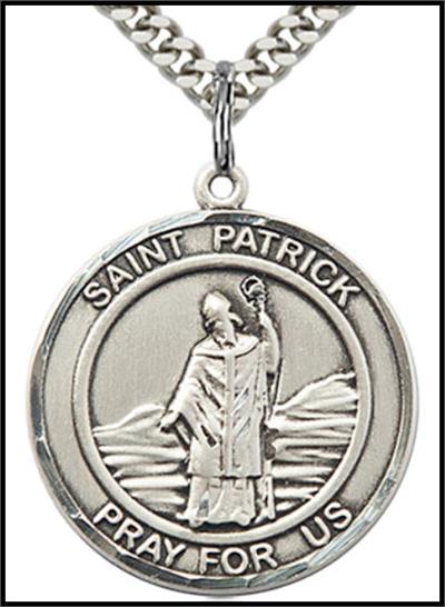 Saint Patrick Sterling Silver Medal, 1" round, Your Choice of Chain, # 64339