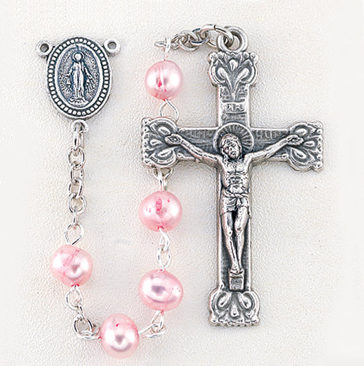 4mm Pink Genuine Fresh Water Pearl Round Bead Rosary with Deluxe Crucifix and Center. 17 1/2"., # 6435