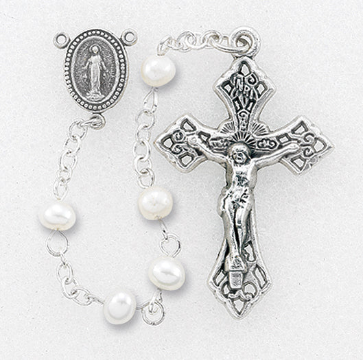4mm White Genuine Fresh Water Pearl Round Bead Rosary with Deluxe Crucifix and Center. 17 1/2"., # 6436